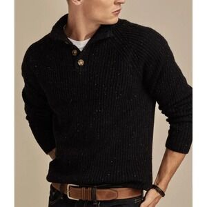 Lucky Brand Ribbed Sweater Men L Cadet Navy Speckled Knit Mock Neck Button NEW